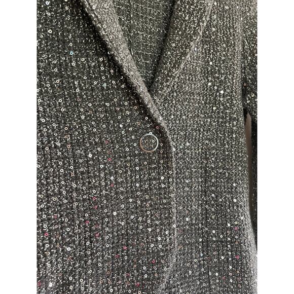 ELIE TAHARI gray silver lurex knit blue leather collar sweater Visna jacket - Picture 7 of 11